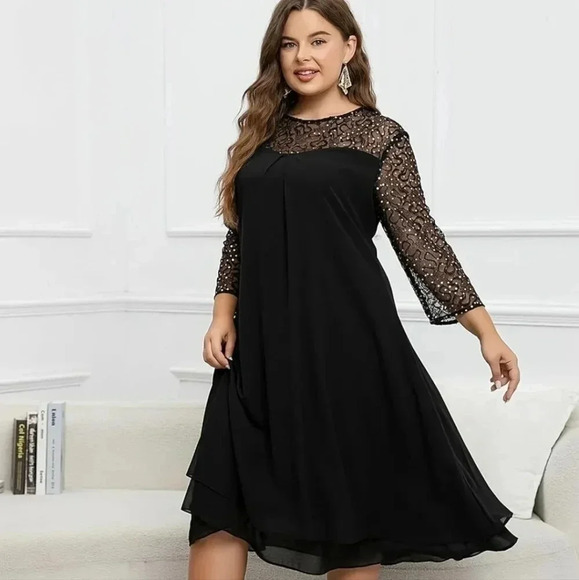 Jumpfolia 3XL NWT Black Chiffon Layered Gold Sequins Timeless Classic Dress